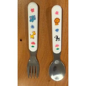 VTG Kids Animal Handle Spoon & Fork Set White Toddler Flatware Stainless 2pc